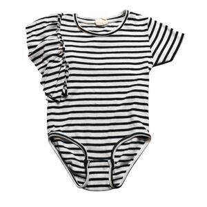ZARA Girls Collection Ruffled Striped Onesies Top Black White Knit Cotton SZ 6